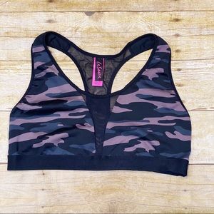 Unlined camouflage racer back sports bra.